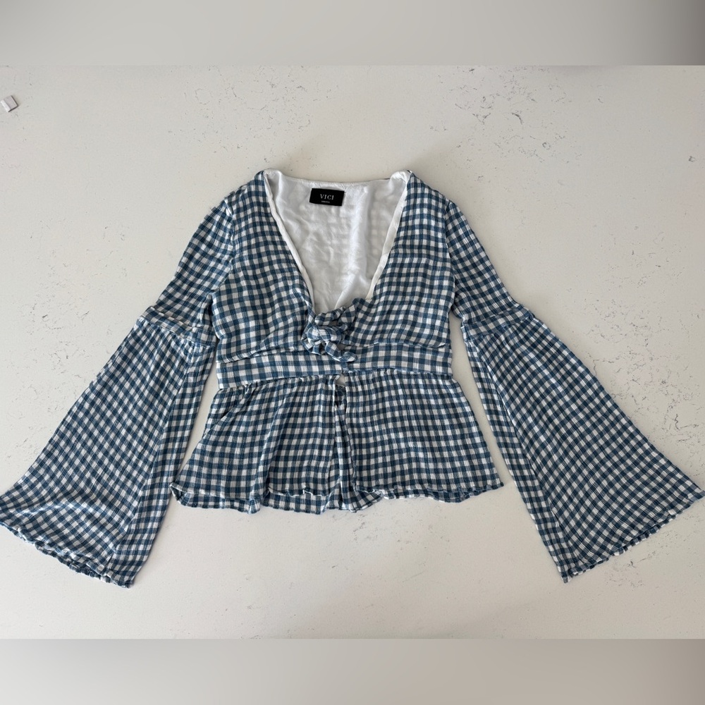 Vici Blue Gingham Tie-Front Peplum Blouse with Bell Sleeves